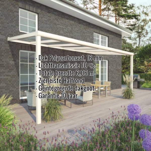 Terrasoverkapping in RAL 9001 met polycarbonaat dak 16 mm, kerngegevens weergegeven