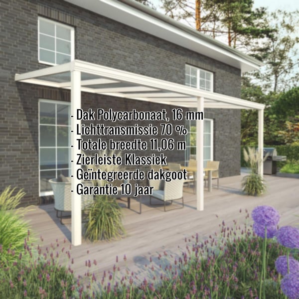 Terrasoverkapping RAL 9001 met ingebedde gegevens over polycarbonaat dak 16 mm en lichttransmissie