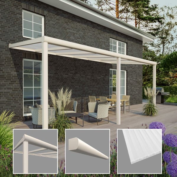 Terrasoverkapping RAL 9001 met detailweergaven van profiel, sierlijst en dakplaat