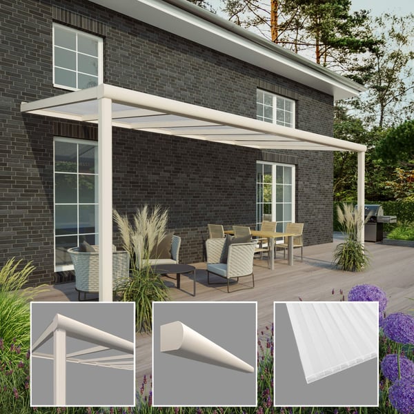 Terrasoverkapping RAL 9001 met 16 mm polycarbonaat dak, detailaanzichten van de profielen
