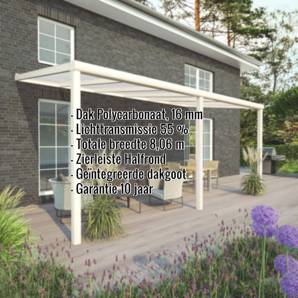 Terrasoverkapping RAL 9001 met polycarbonaat dak 16 mm, kerngegevens weergegeven