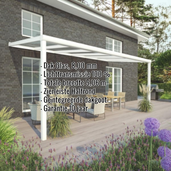 Terrasoverkapping RAL 9016 met 8,00 mm glazen dak, kerngegevens ingeblend