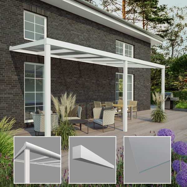 Terrasoverkapping RAL 9016 met 8,00 mm glasdak en detailweergaven van de profielen
