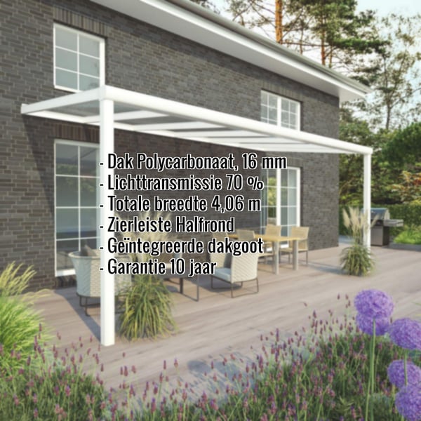 Terrasoverkapping in RAL 9016 met polycarbonaat dak 16 mm, kenmerken weergegeven
