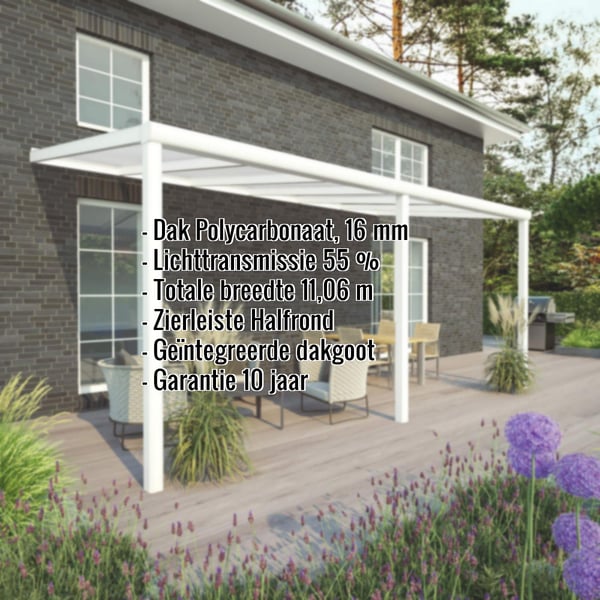 Terrasoverkapping 16 mm, RAL 9016, met ingebedde specificaties zoals dak polycarbonaat 16 mm