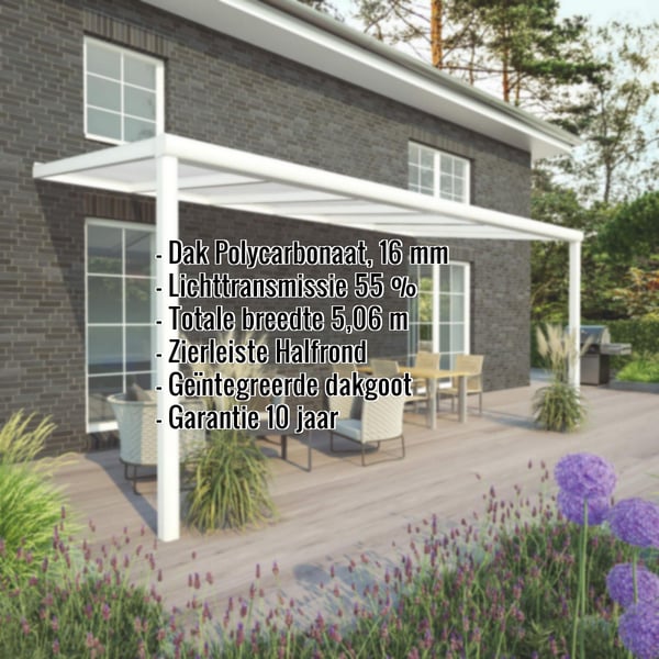 Terrasoverkapping Sunrooms RAL 9016 met polycarbonaat dak 16 mm, kerngegevens weergegeven