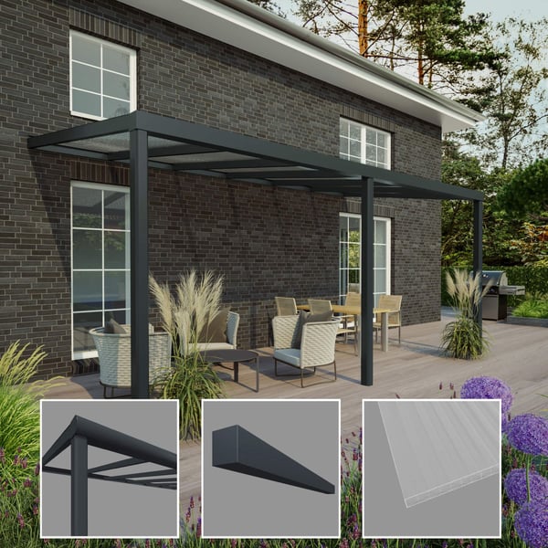 Terrasoverkapping RAL 7016 met polycarbonaat dak 16 mm en detailweergaven