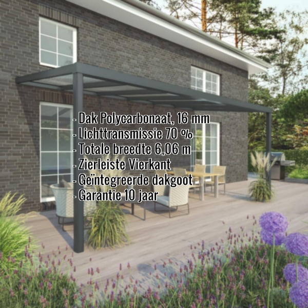 Terrasoverkapping RAL 7016 met polycarbonaat dak 16 mm, kerngegevens ingebed