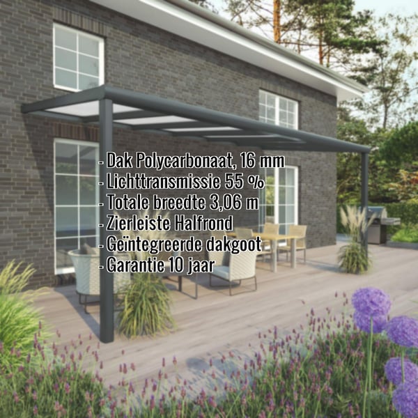 Terrasoverkapping Sunrooms RAL 7016 met 16 mm polycarbonaat dak, gegevens getoond