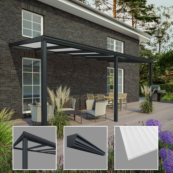Terrasoverkapping Sunrooms RAL 7016, 16 mm polycarbonaat, met detailweergaven van frame, dakgoot en kanaalplaat