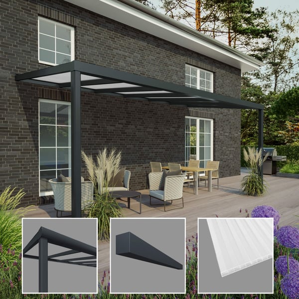 Terrasoverkapping RAL 7016 met polycarbonaat dak 16 mm en detailweergaven