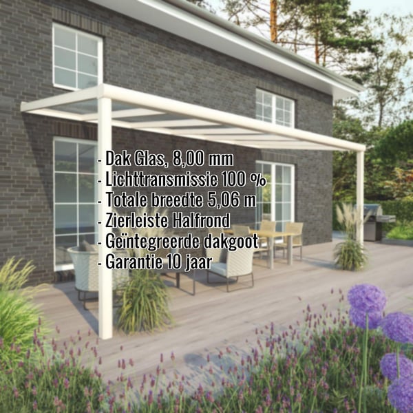 Terrasoverkapping RAL 9001 met glazen dak 8,00 mm, kerngegevens weergegeven, infografiek