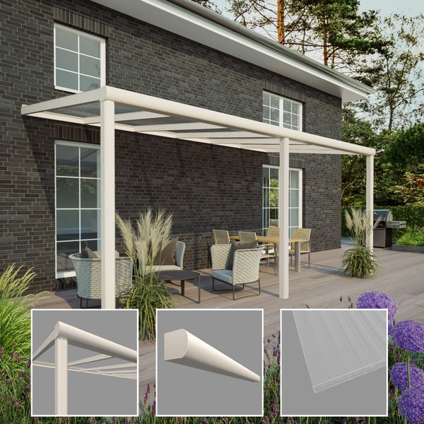 Terrasoverkapping 16 mm, RAL 9001, met drie detailweergaven van profiel en plaat