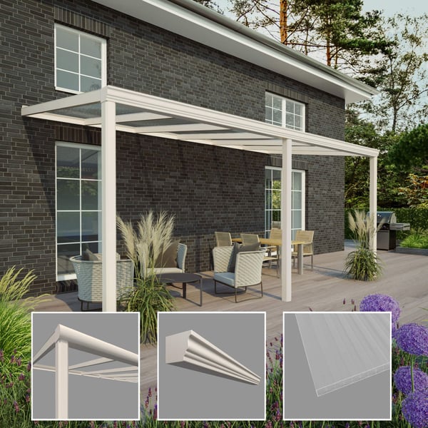 Terrasoverkapping RAL 9001 met details van steun, sierlijst en polycarbonaatplaat 16 mm