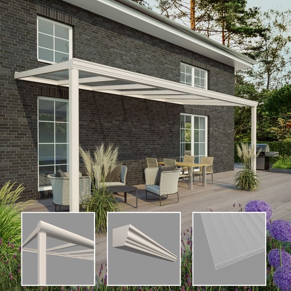 Terrasoverkapping Sunrooms RAL 9001, 16 mm, met detailweergaven van profiel, sierlijst en plaat