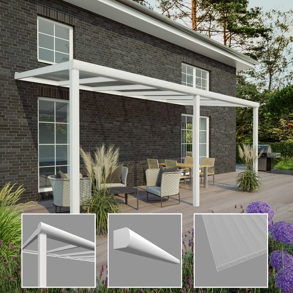 Terrasoverkapping 16 mm, RAL 9016, met detailweergaven van profiel, dakgoot en kanaalplaat
