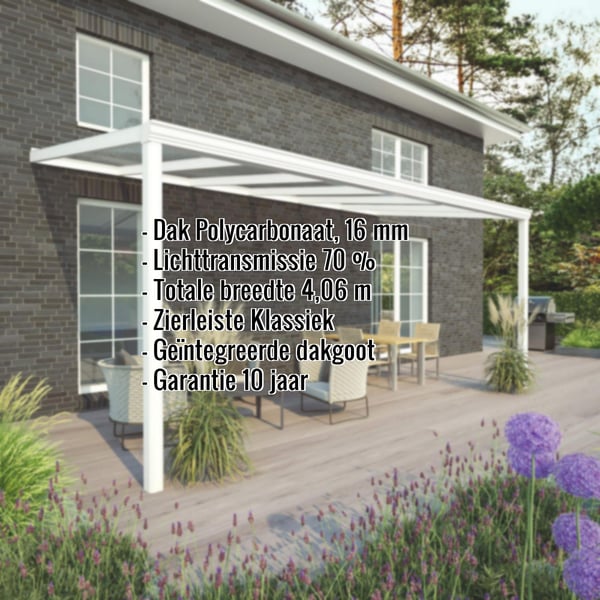Terrasoverkapping in RAL 9016 met polycarbonaat dak 16 mm, kerngegevens weergegeven