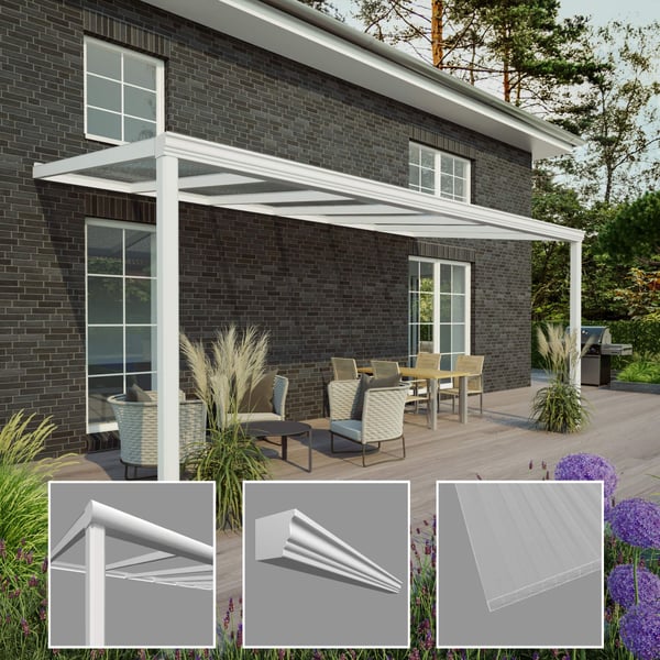 Terrasoverkapping in RAL 9016, 16 mm, met detailweergaven van profiel, sierlijst en plaat