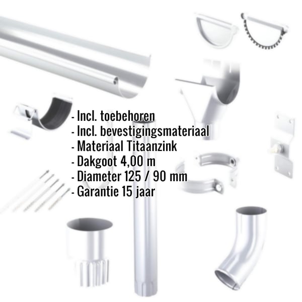Titaanzink dakgoot voordeelpakket met accessoires en ingebedde specificaties