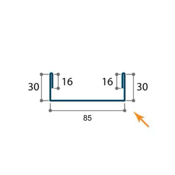 Technische tekening van U-profiel met afmetingen: 30 mm hoogte, 85 mm basis, 16 mm flens