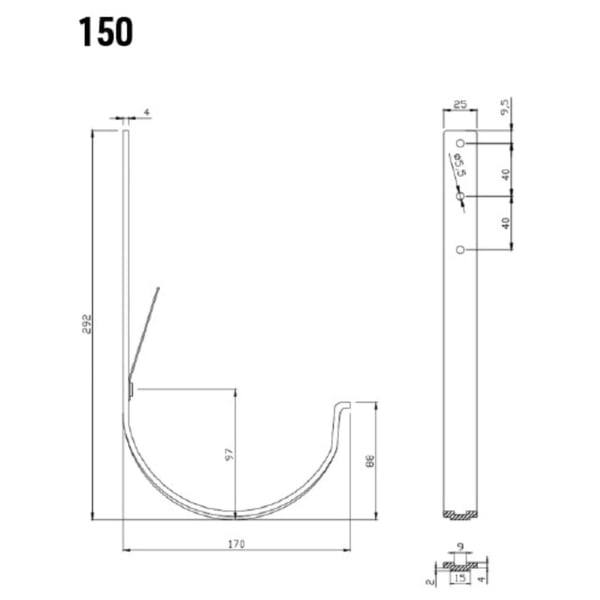 Technische tekening universele gootbeugel veer/veer, verzinkt, met afmetingen