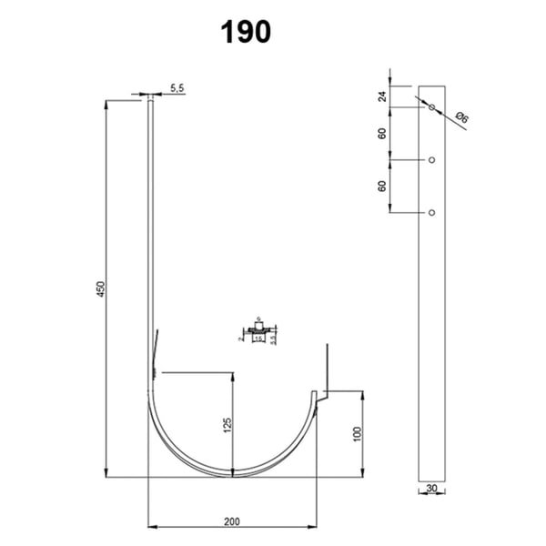 Technische tekening universele dakgootbeugel veer veer, afmetingen 450x200 mm