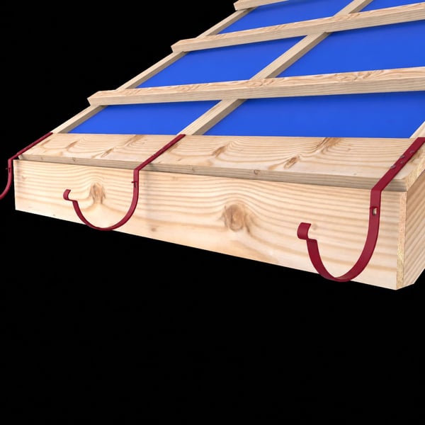 Kersrode (RAL 3011) dakgoothouders gemonteerd aan een houten dakconstructie met blauw onderdakfolie