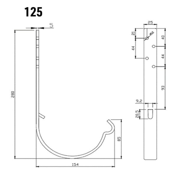 Technische tekening van de gootbeugel met afmetingen: 125 mm breedte, 280 mm hoogte, 154 mm diepte