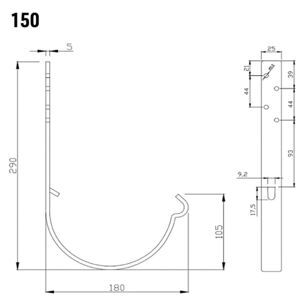 Technische tekening van de gootbeugel met afmetingen, inclusief breedte 180 mm en hoogte 290 mm