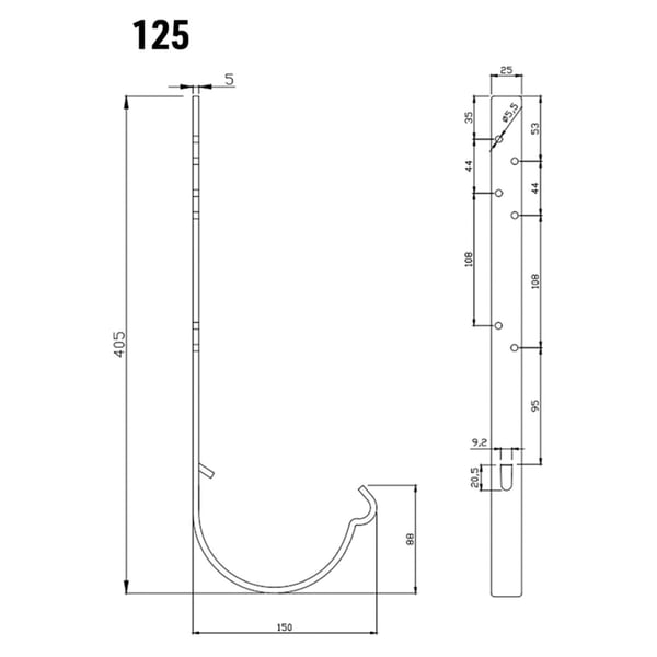 Technische tekening van de universele gootbeugel met maten, inclusief breedte 150 mm en hoogte 405 mm