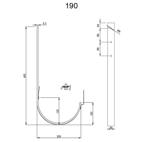Technische tekening van de dakgootbeugel 190 met afmetingen in millimeters