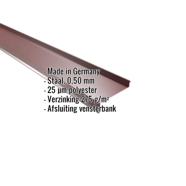 Vensterbank staal wijnrood RAL 3005, 0,50 mm, 25 µm polyester, met productgegevens