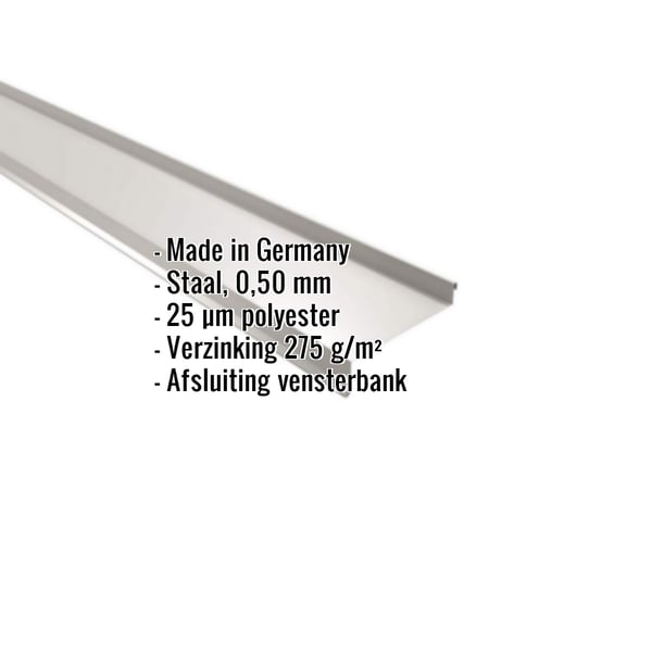 Dorpel uit staal, 0,50 mm, lichtgrijs RAL 7035, met 25 µm polyestercoating en ingebedde specificaties