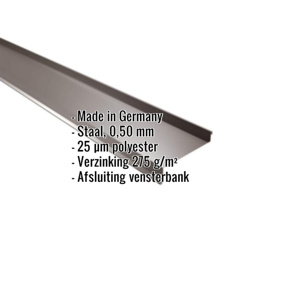 Dorpel uit staal, sepiabruin, met ingebedde productgegevens over materiaal, dikte en coating