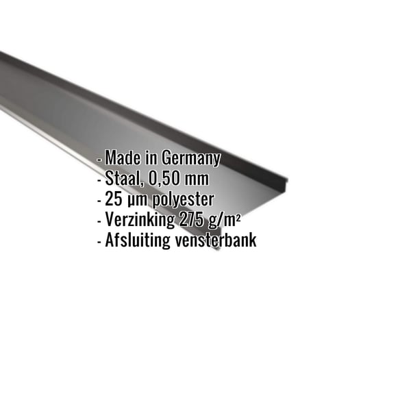 Vensterbank Gitzwart (RAL 9005) van staal 0,50 mm, 25 µm polyester, met ingebedde productgegevens
