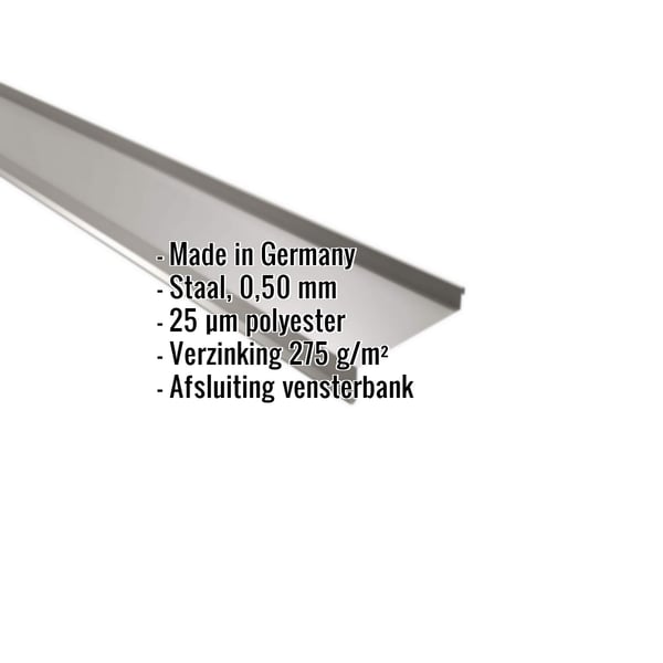 Vensterbank van staal, grijs aluminiumkleurig, met ingebedde productdetails zoals materiaal en coating