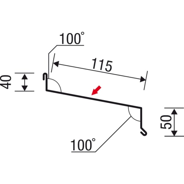 Technische tekening van de vensterbank met afmetingen 50 mm, 115 mm, 40 mm en hoek 100 graden