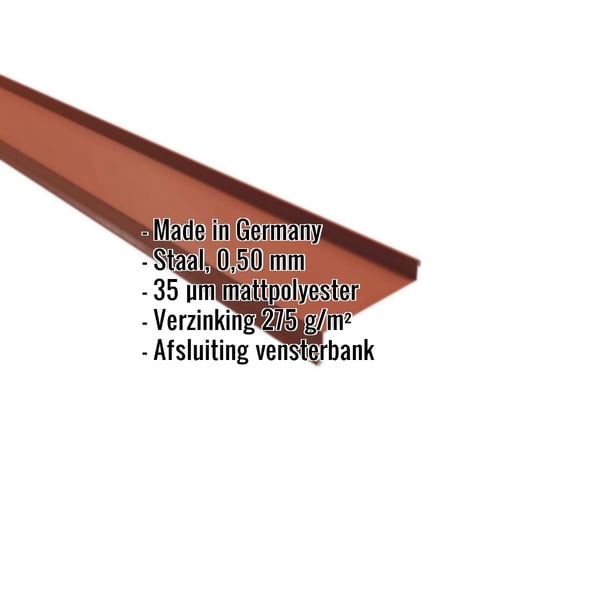 Vensterbank Terracotta, 0,50 mm staal met 35 µm matpolyester coating, specificaties weergegeven