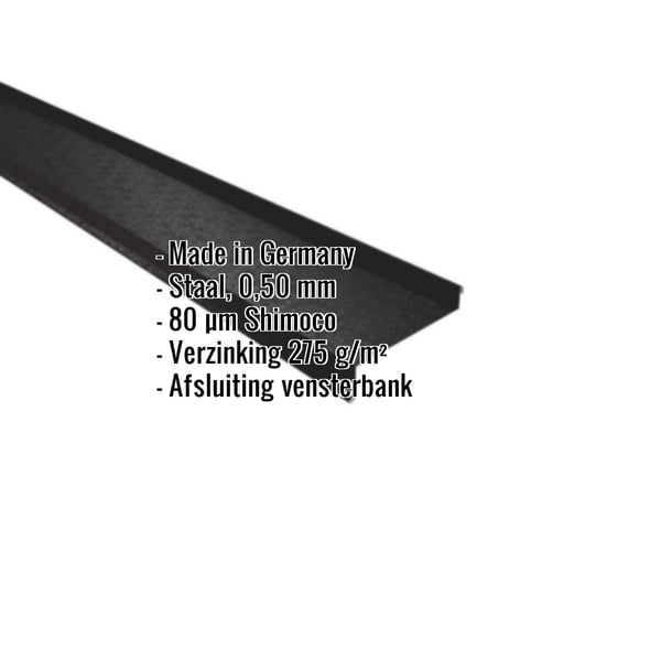 Dorpel Gitzwart RAL 9005 staal 0,50 mm Shimoco, met ingebedde productgegevens en herkomst Made in Germany