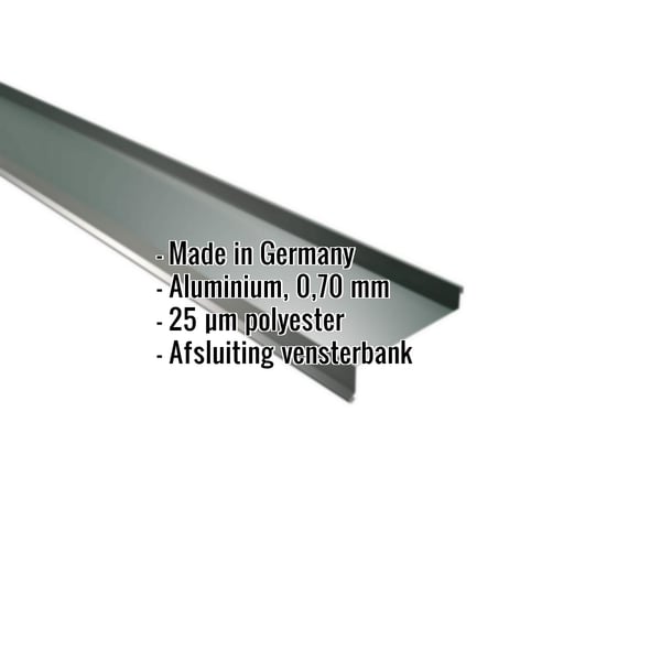 Vensterbank aluminium mosgroen RAL 6005 met ingebedde gegevens over materiaal, dikte en coating