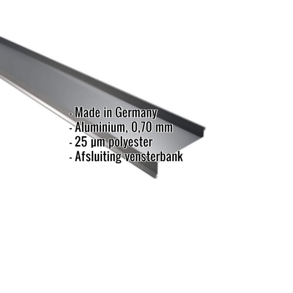 Vensterbank aluminium antracietgrijs, detail met ingebedde specificaties voor materiaal en coating
