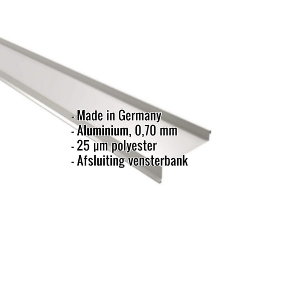Vensterbank aluminium Zilver-Metallic met ingebedde specificaties: Made in Germany, 0,70 mm, 25 µm polyester