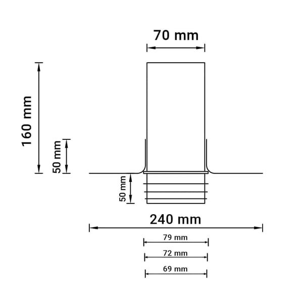 Technische tekening van het opzetstuk met afmetingen 70 mm, 160 mm, 50 mm, 240 mm