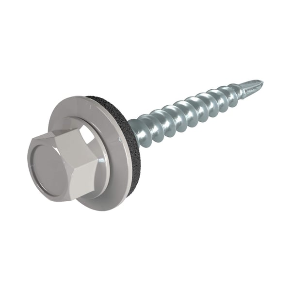 Verzinkte schroef, aluminiumkleurig (RAL9007), met zeskantkop en afdichtring, hoofdaanzicht