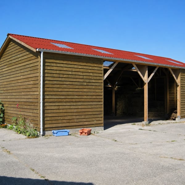 Houten schuur met vezelcement golfplaten 6,00 mm terracotta dak en lichtplaten