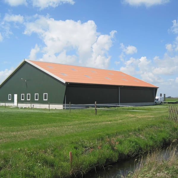Vezelcement golfplaten 6,00 mm terracotta op het dak van een grote groene schuur met ramen