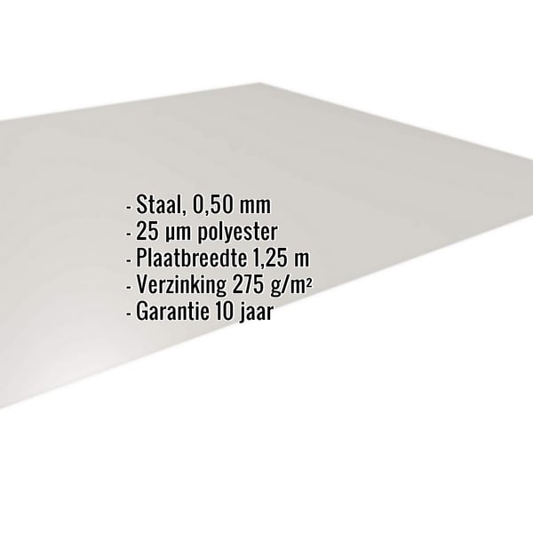 Vlakke plaat staal 0,50 mm lichtgrijs RAL 7035 met 25 µm polyestercoating en ingebedde specificaties