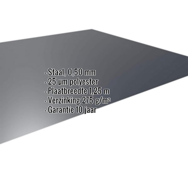 Vlakke plaat staal 0,50 mm antracietgrijs RAL 7016 met 25 µm polyestercoating en ingebedde specificaties
