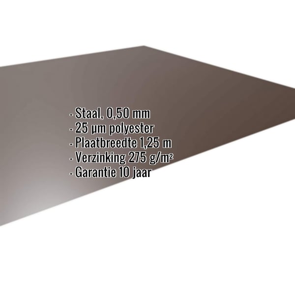 Vlakke plaat sepia bruin RAL 8014, 0,50 mm staal met 25 µm polyestercoating, specificaties weergegeven