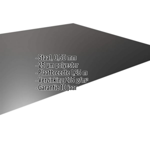 Vlakke plaat gitzwart RAL 9005 van staal 0,50 mm, met ingebedde specificaties